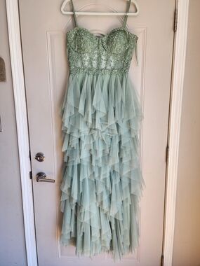 Windsor Sage Green Beaded Ruffle Tulle Gown